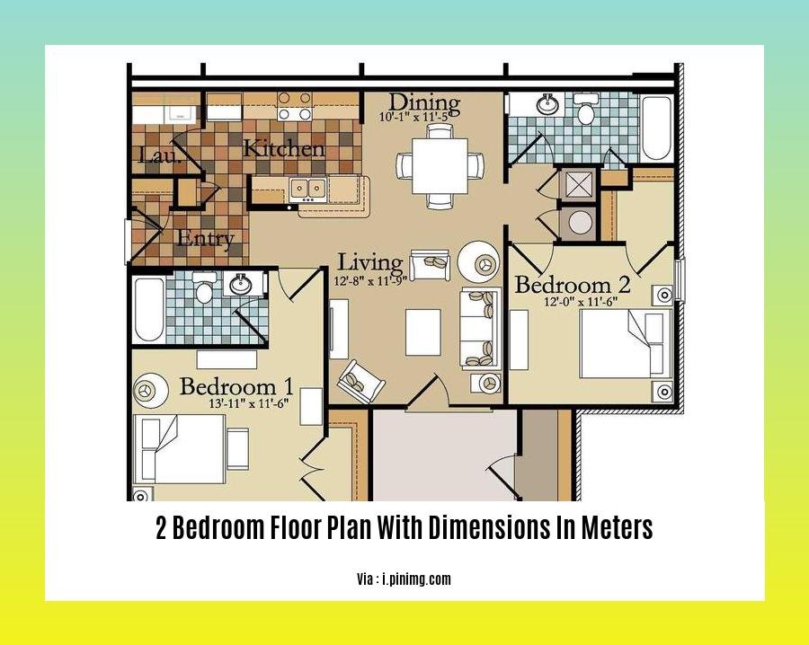 2 bedroom floor plan with dimensions in meters