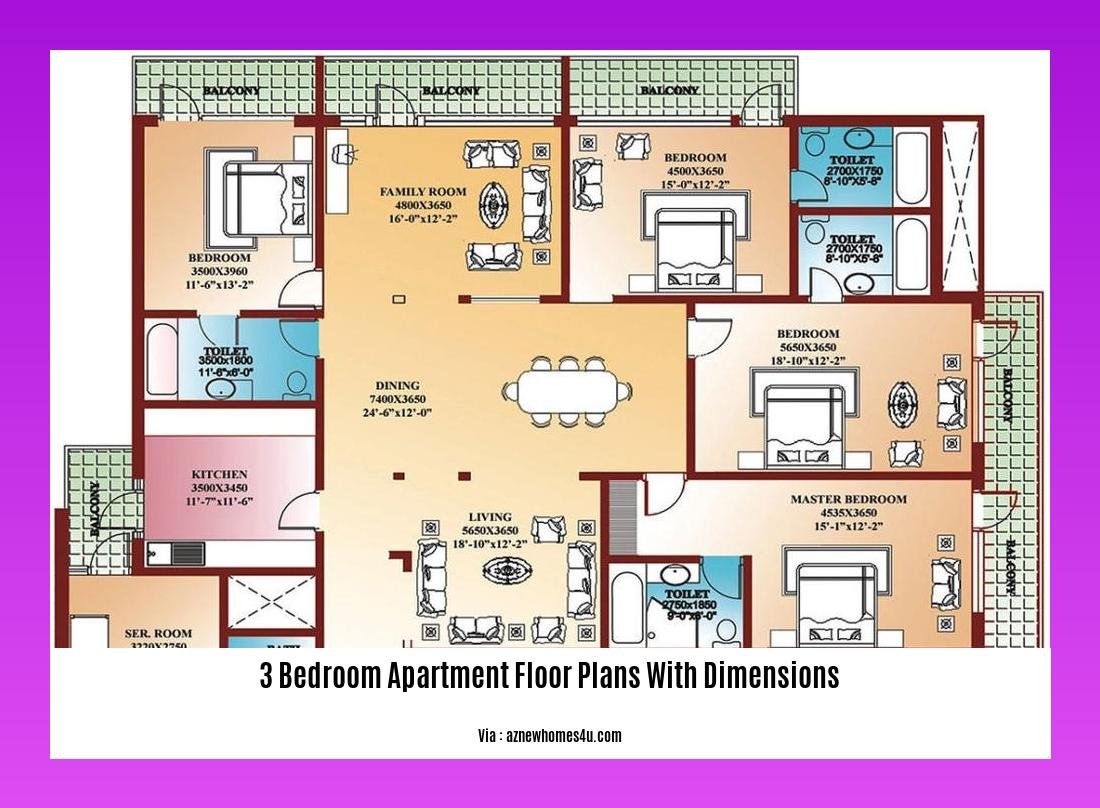 3 bedroom apartment floor plans with dimensions