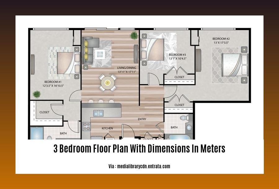 3 bedroom floor plan with dimensions in meters
