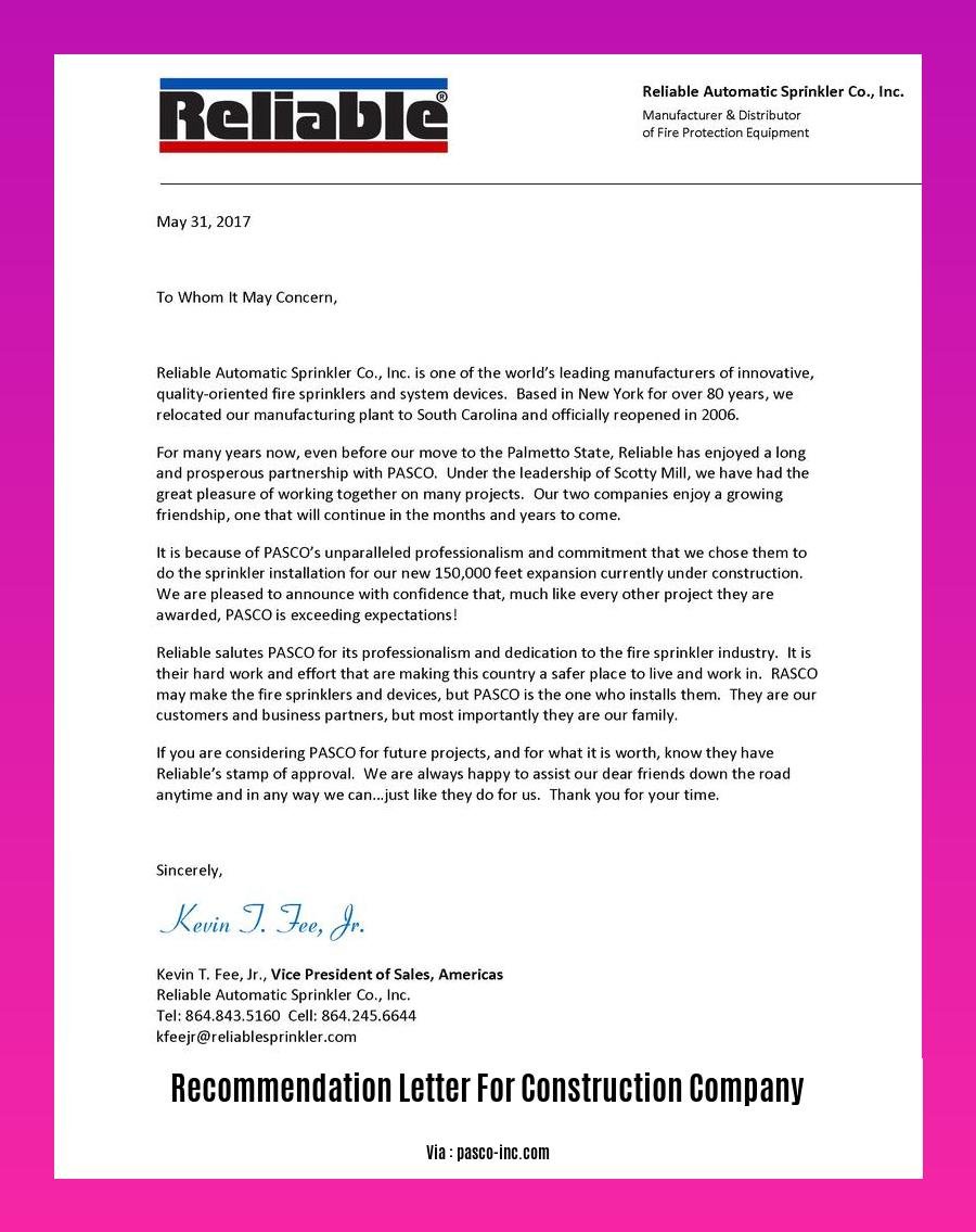 recommendation letter for construction company