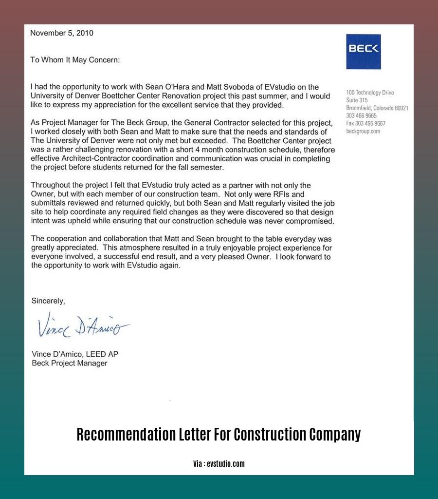 recommendation letter for construction company