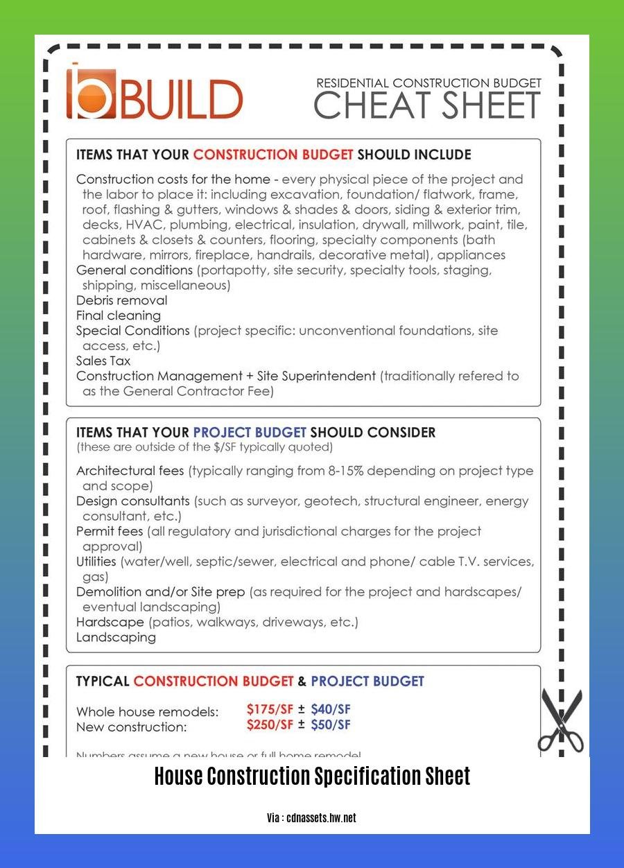 house construction specification sheet