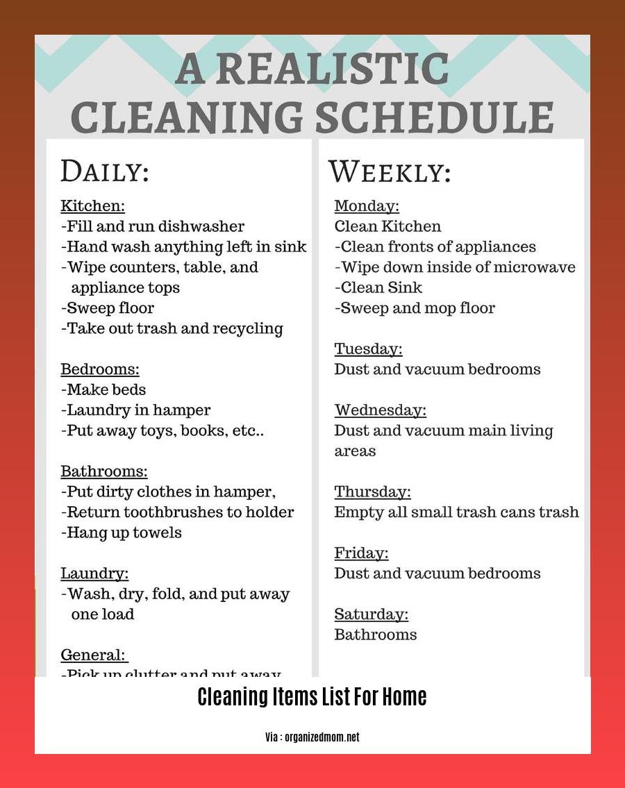 cleaning items list for home