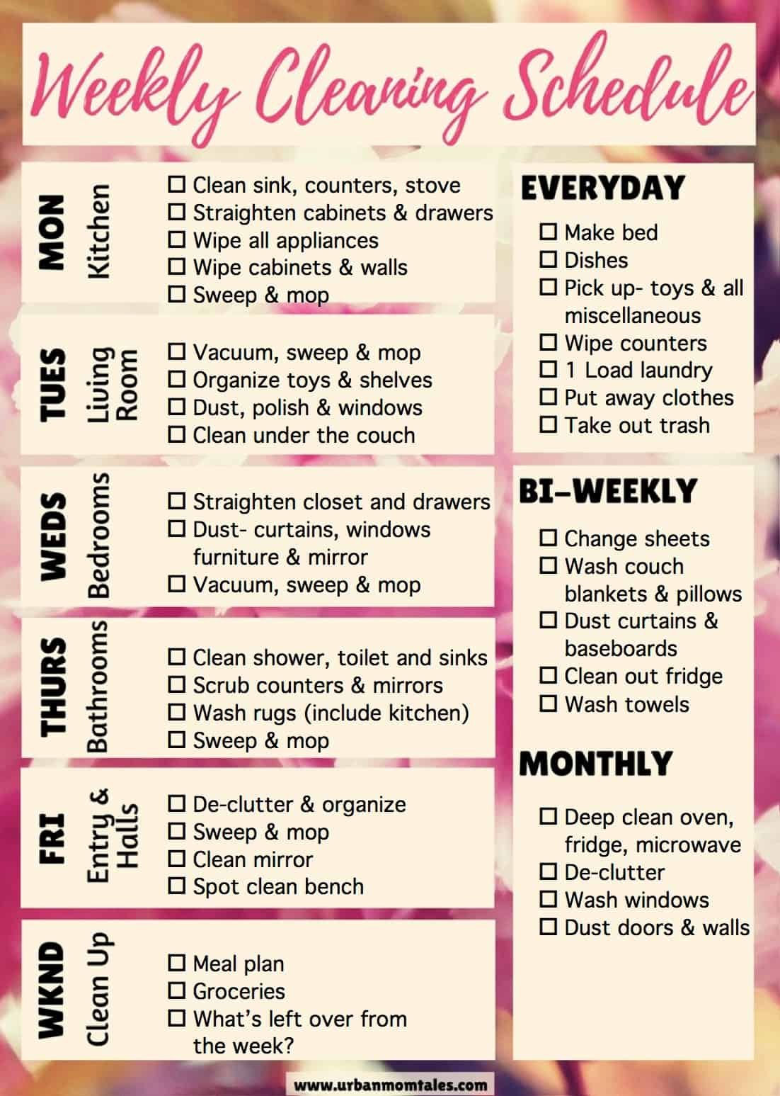 cleaning schedule for stay at home moms