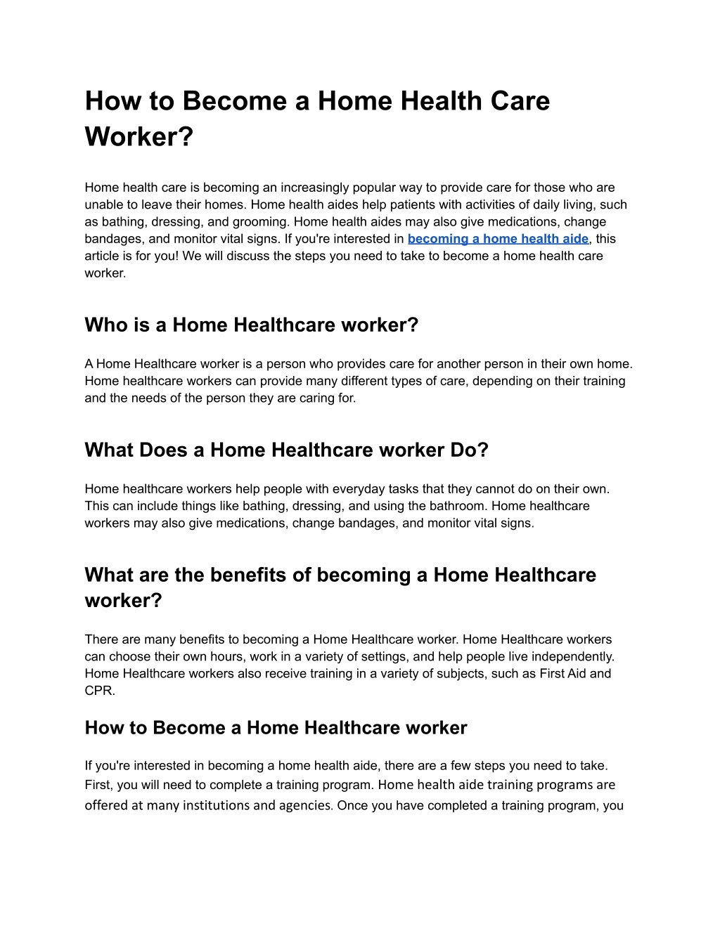 home care job description